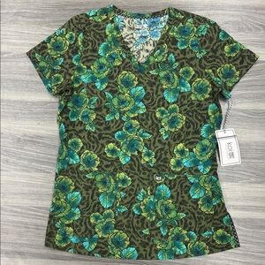 Koi Next Gen - Green and Blue Floral Scrub Top XS - NWT